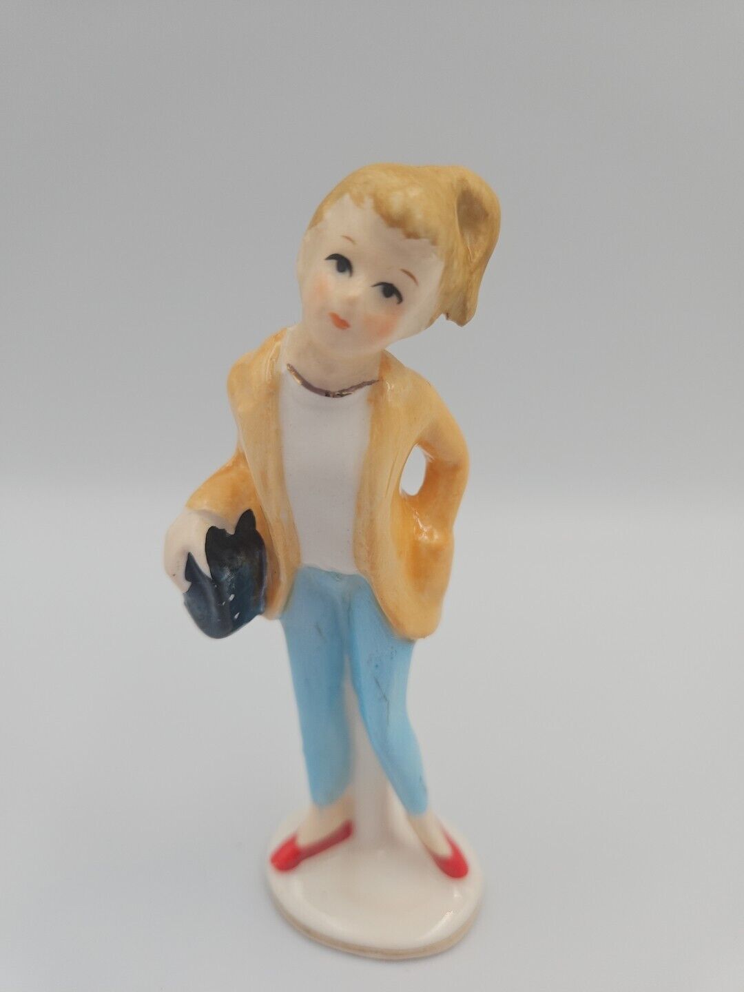 Teenage Girl Yellow Jacket Holding Purse Porcelain Figurine Japan
