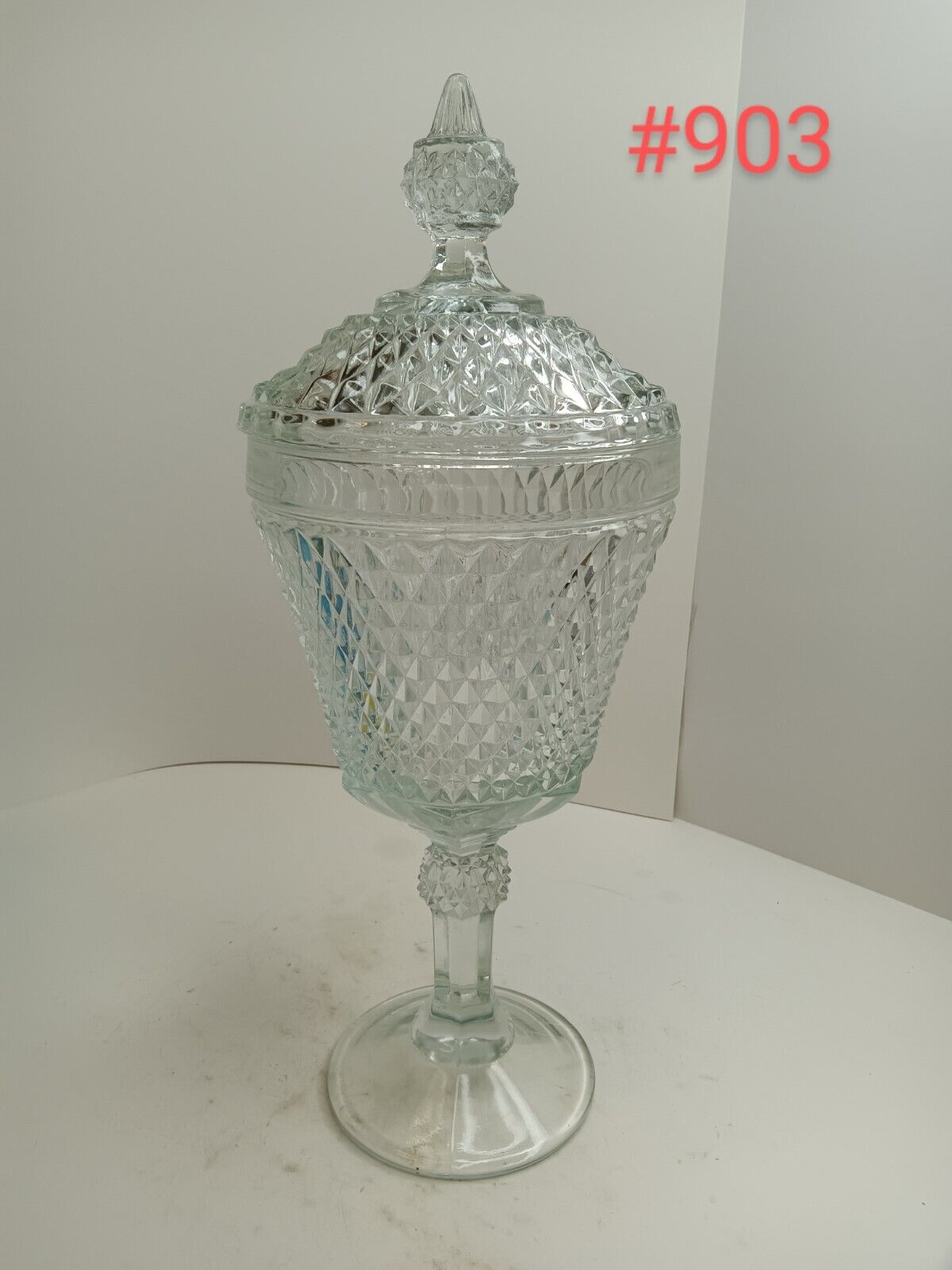 Vintage Tall Diamond Point Apothecary Pedestal Candy Jar with lid Indiana Glass