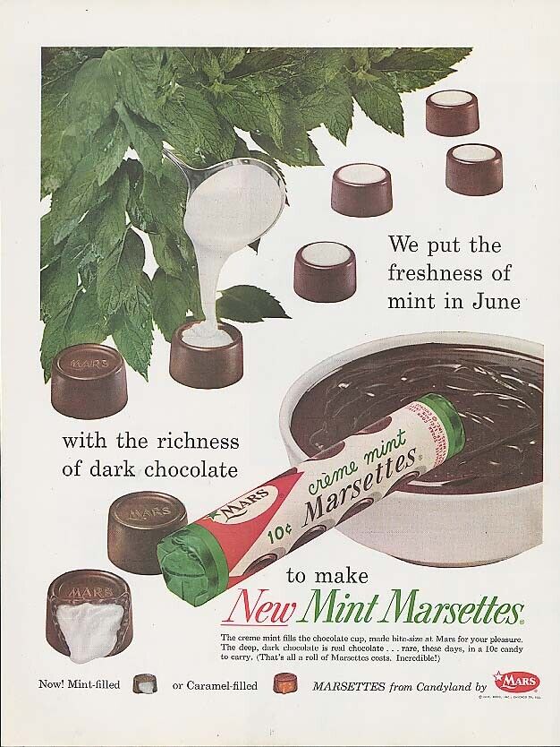 Freshness of mint in Crème Mint Marsettes candy ad 1959
