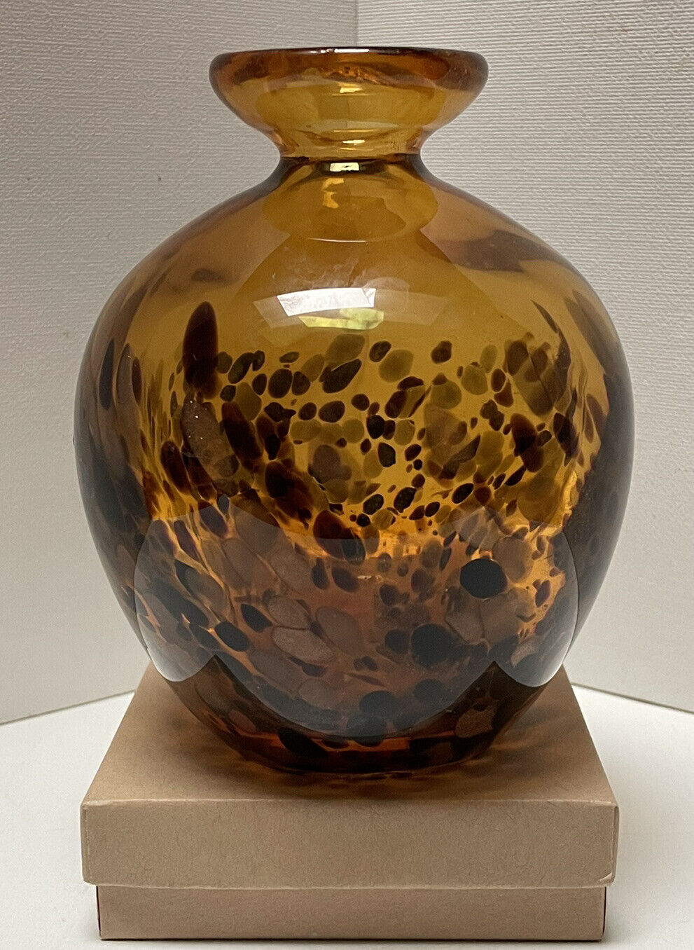Small Hand Blown Art Glass Bud Vase Amber Brown With Gold Flecks 5”