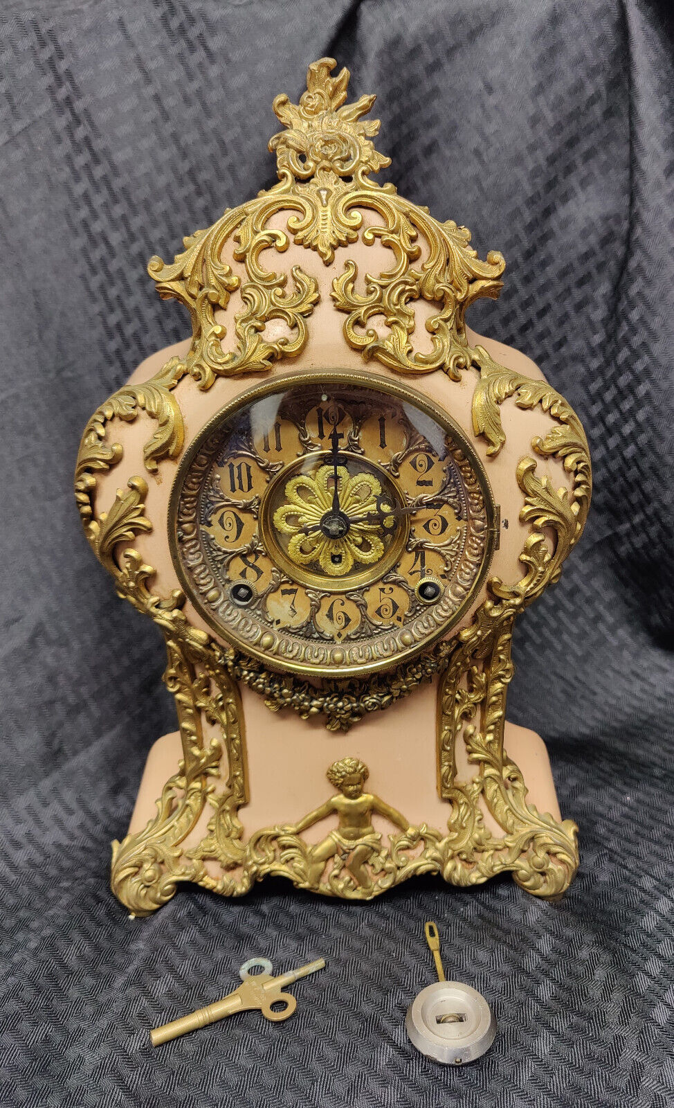 Antique F Kroeber Co 8 Day Clock~Pink Versailles w Keys~Running Now But Later?