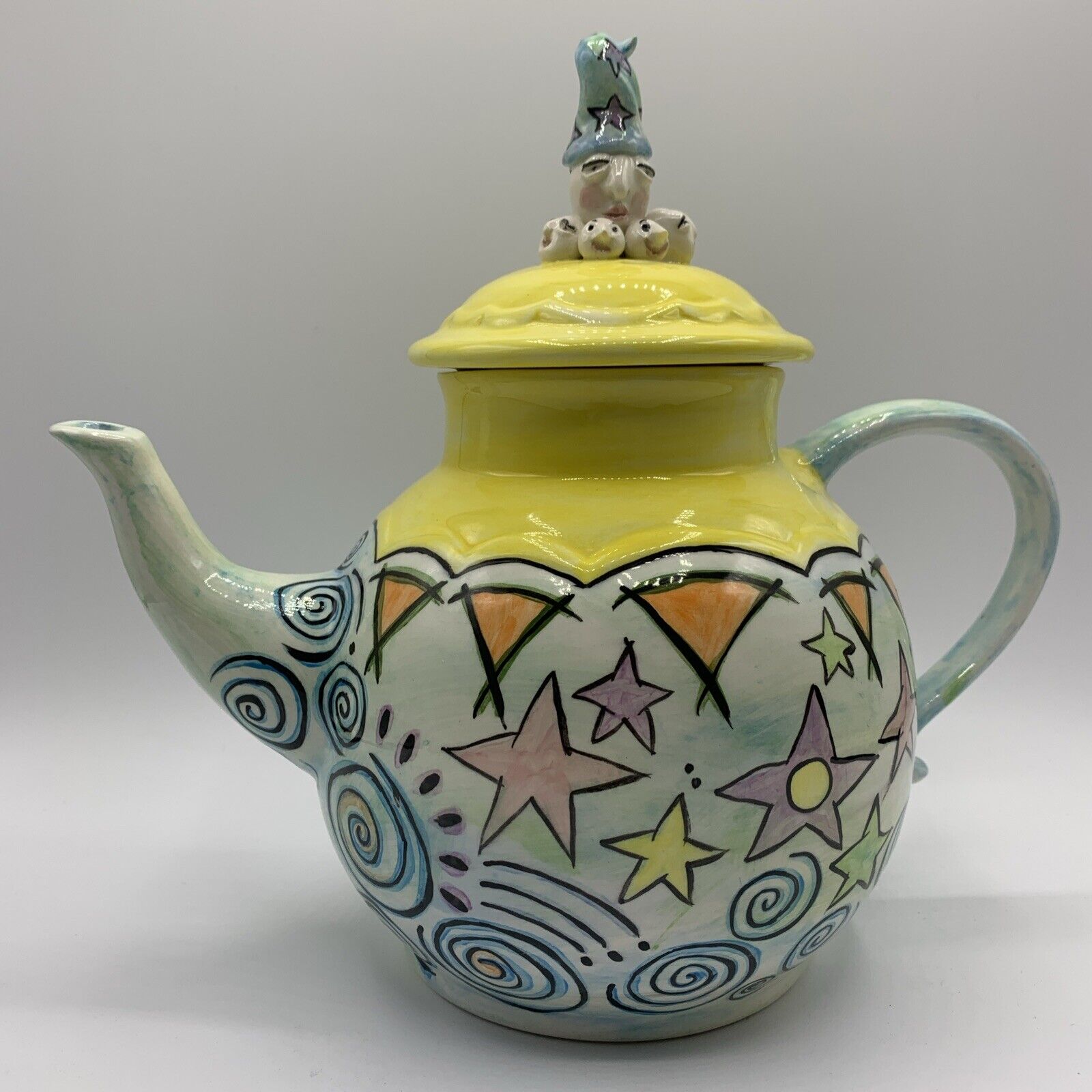 L. Freeman Signed Whimsical Weirdo Wizard Head Pottery Teapot