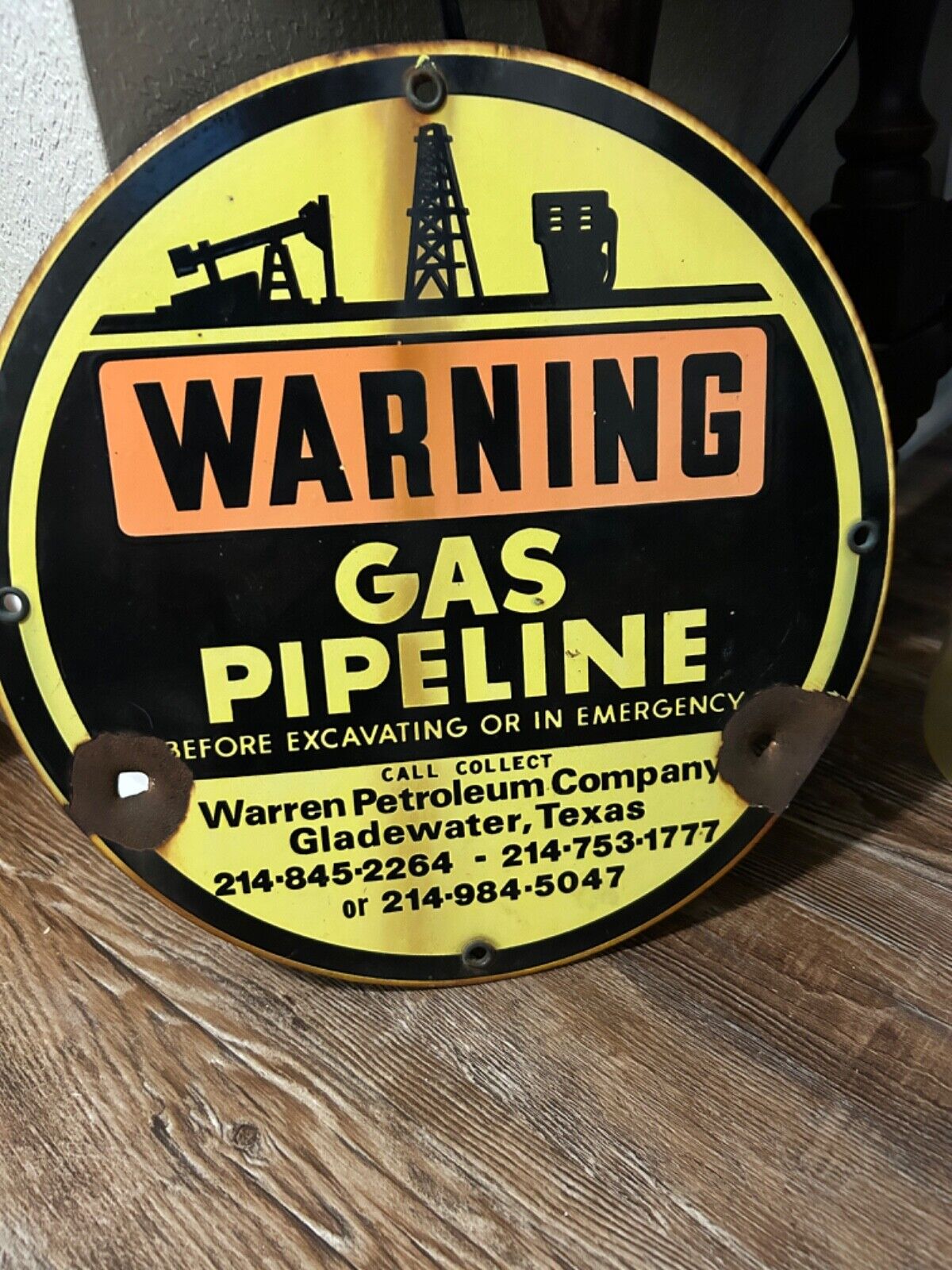 Vintage Porcelain Gas Oil Petroleum Pipeline sign Texas BULLET HOLES Original 