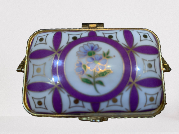 Vintage Ceramic Handpainted trinket box basket handle gold details purple floral