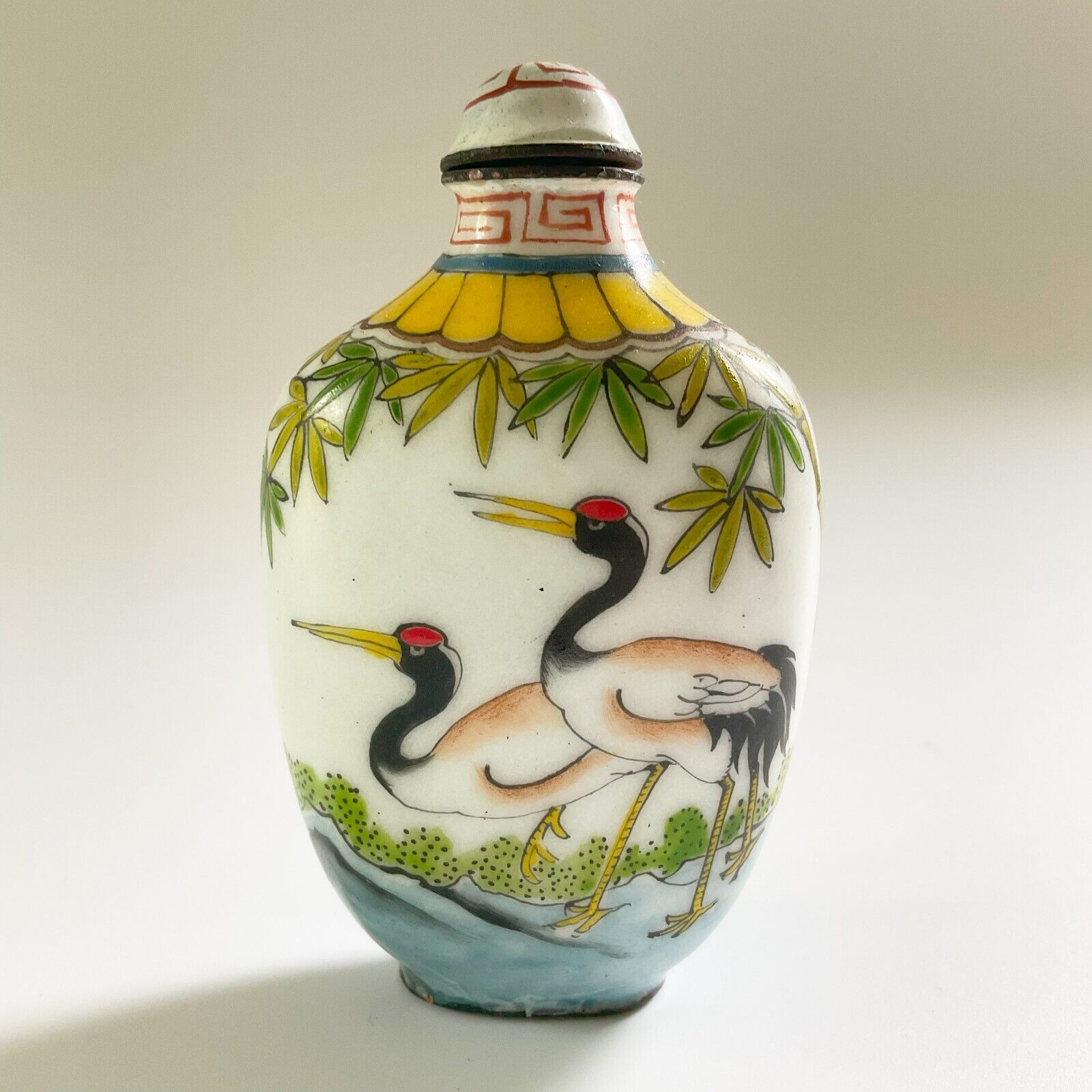 Hand Painted Asian Copper Enamel Snuff Bottle Two Cranes Bamboo River