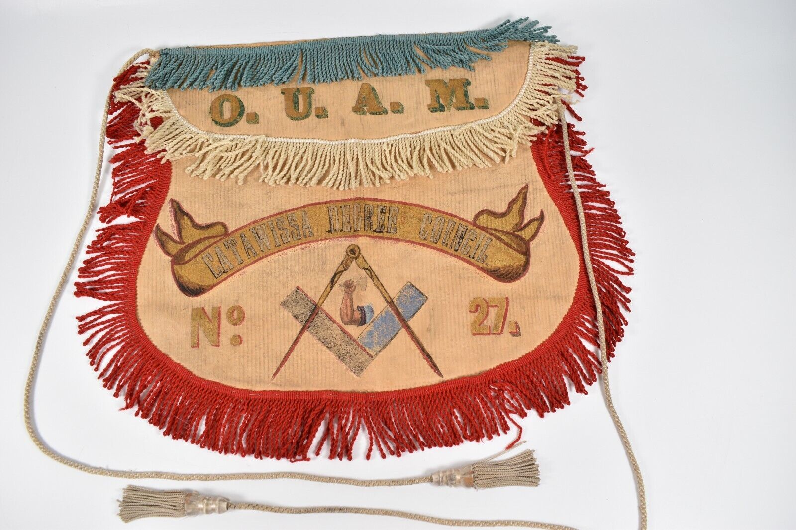 Antique Leather O.U.A.M Ceremonial  Apron Painted Catawissa No. 27 Chas Shuman