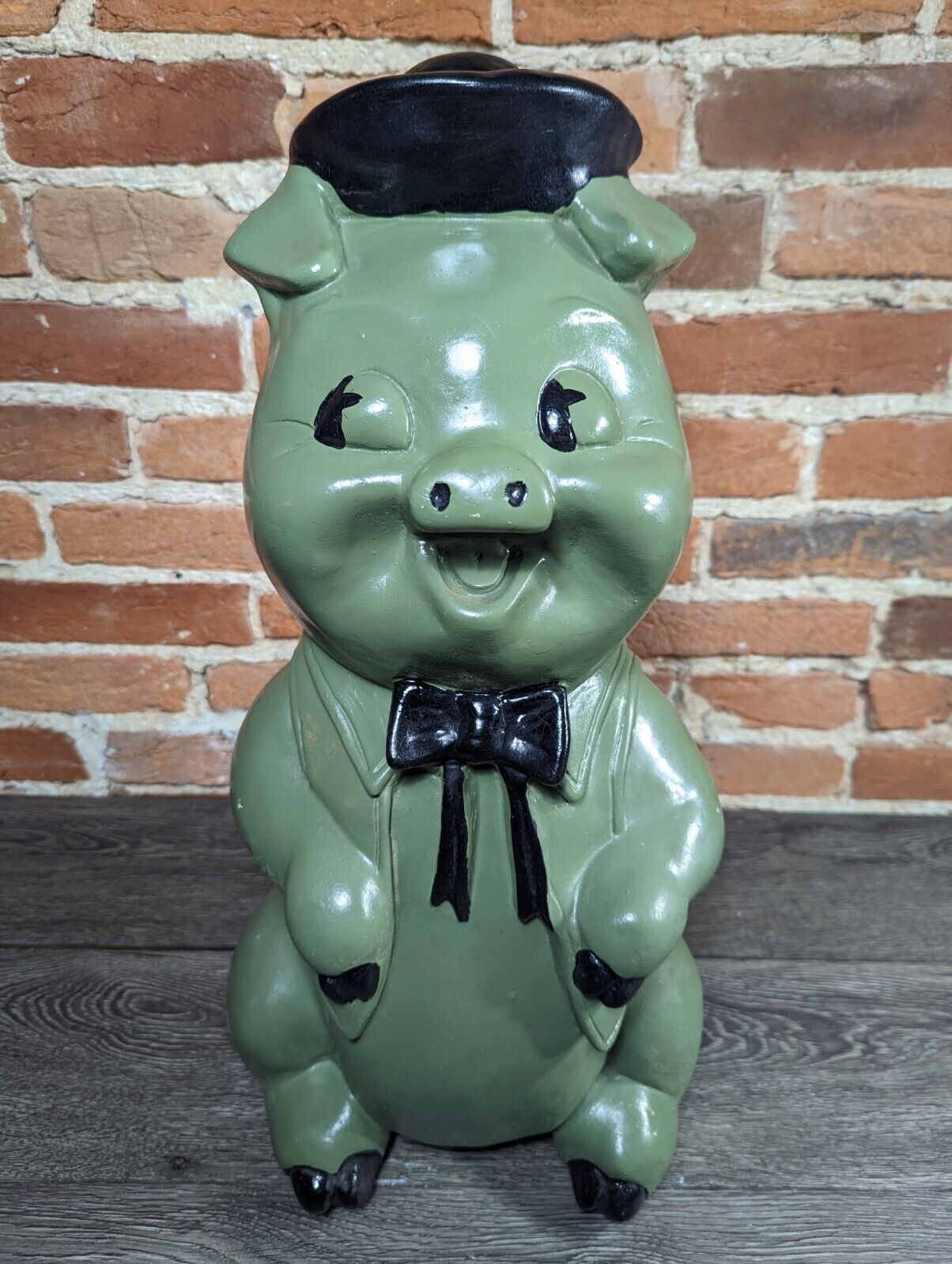 Vintage JUMBO 1950’s Chalkware Pig Piggy Bank Top Hat Bowtie 19” Rare