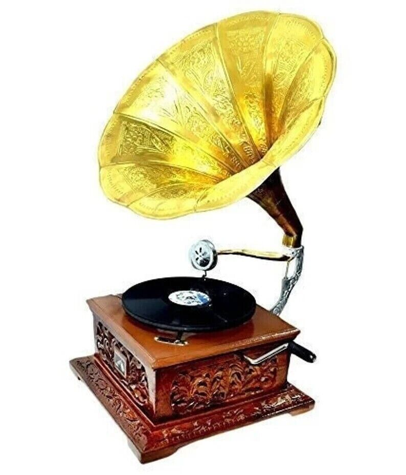 Vintage Reproduction Antique Solid Brass Gramophone With Horn Record Players Ne