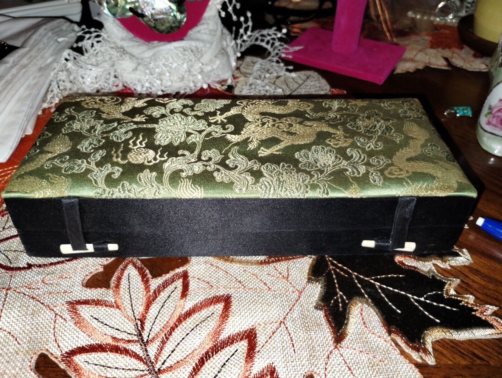 Asian Design Padded Silk Covered Incense Box W/Sticks & Holder Dragon & Floral 
