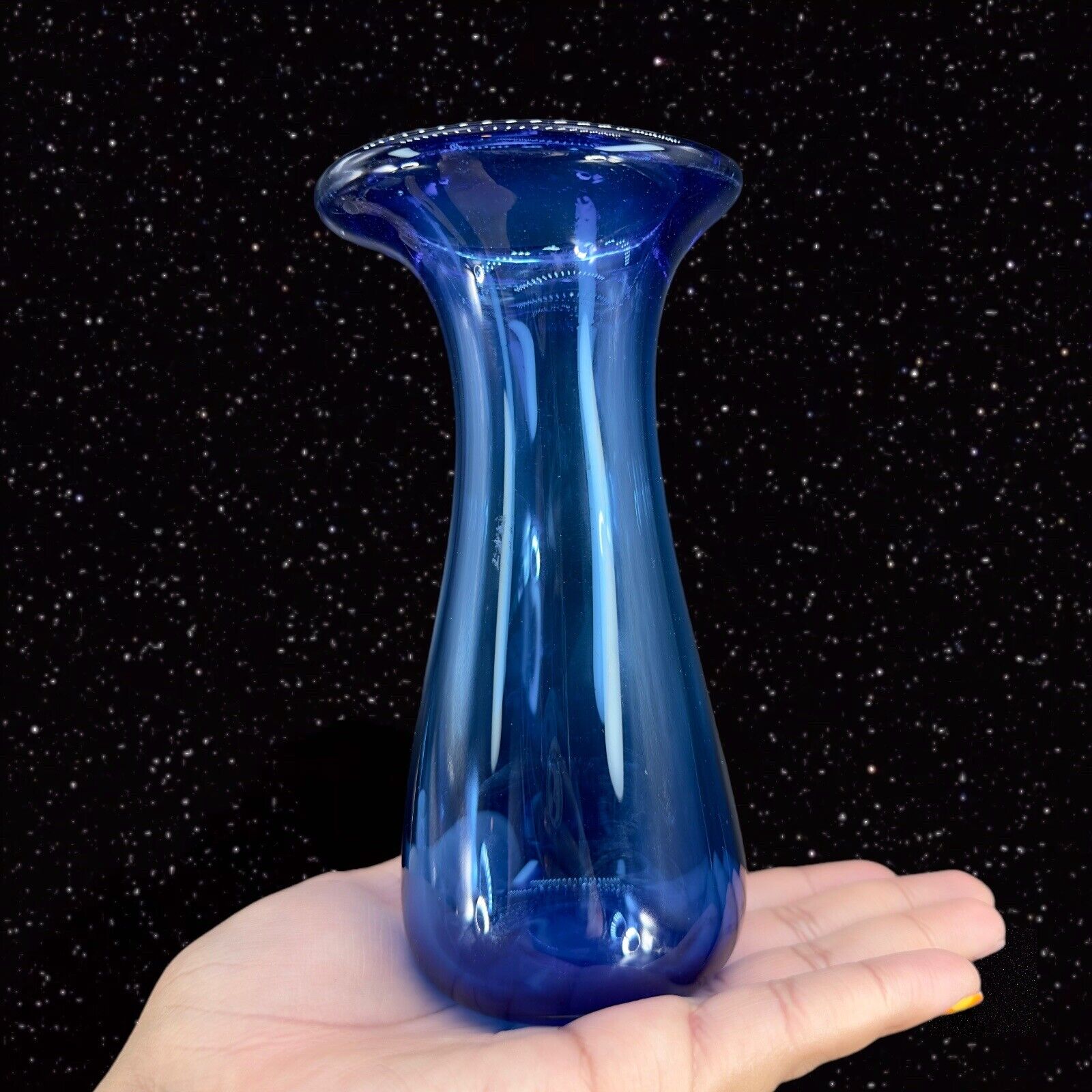 Hand Blown Cobalt Blue Art Glass Oval Angled Top Hand Made Glass Vase 2005 Mark