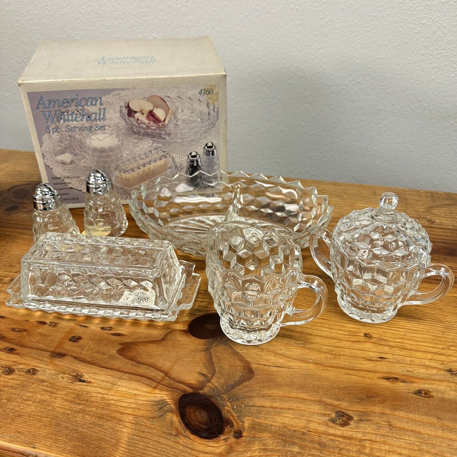 American Whitehall Indiana Glass Vintage 8 pc Serving Set Clear Diamond 4160 Box