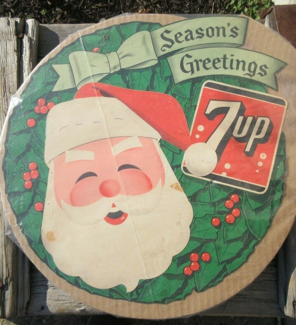  Vintage 7up Wreath Santa Christmas cardboard Sign Advertisement double sided