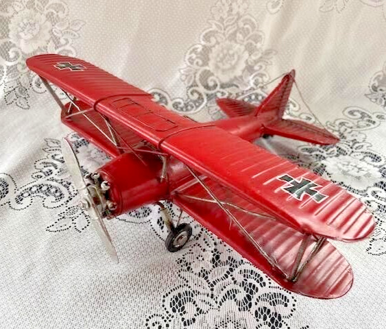 Vintage Red Baron Tin Metal WW1 German Bi-Plane Aircraft Rustic Decor Model 12”