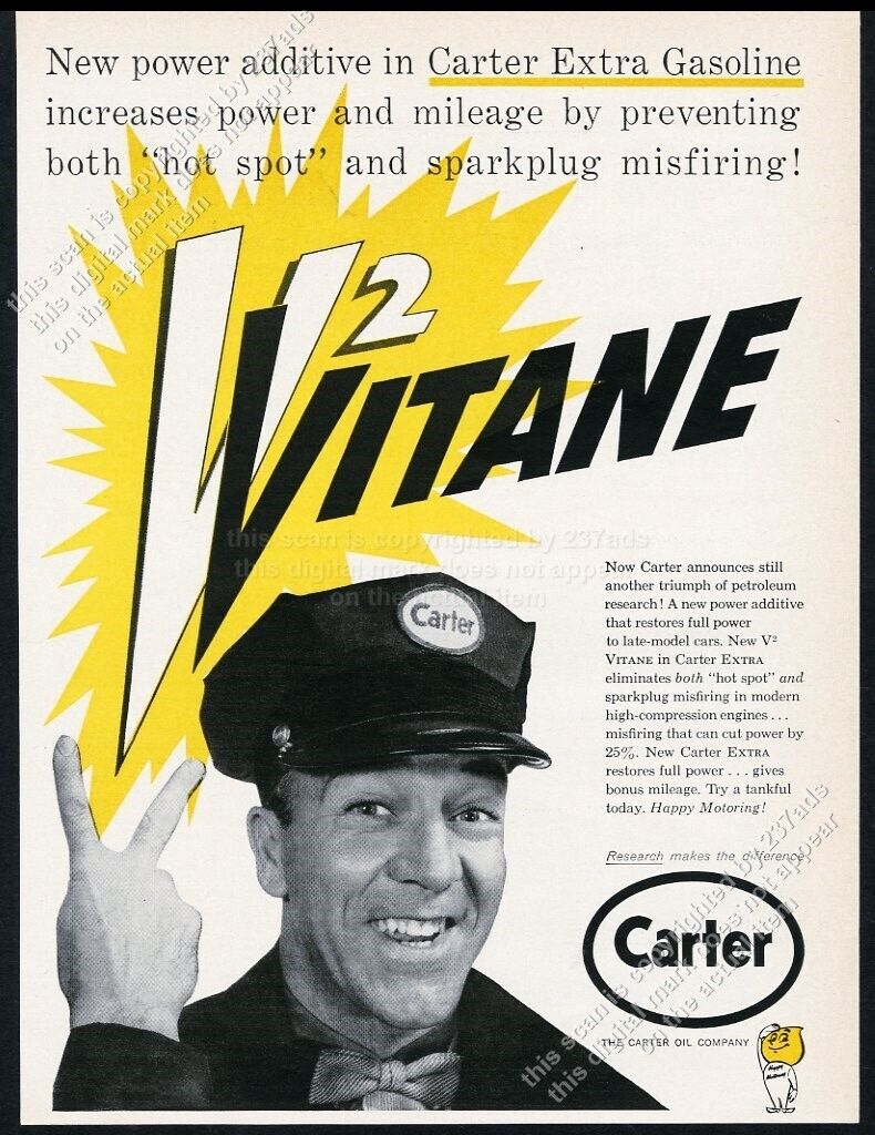 1959 Carter oil gas station attendant V2 Vitane power additive vintage print ad