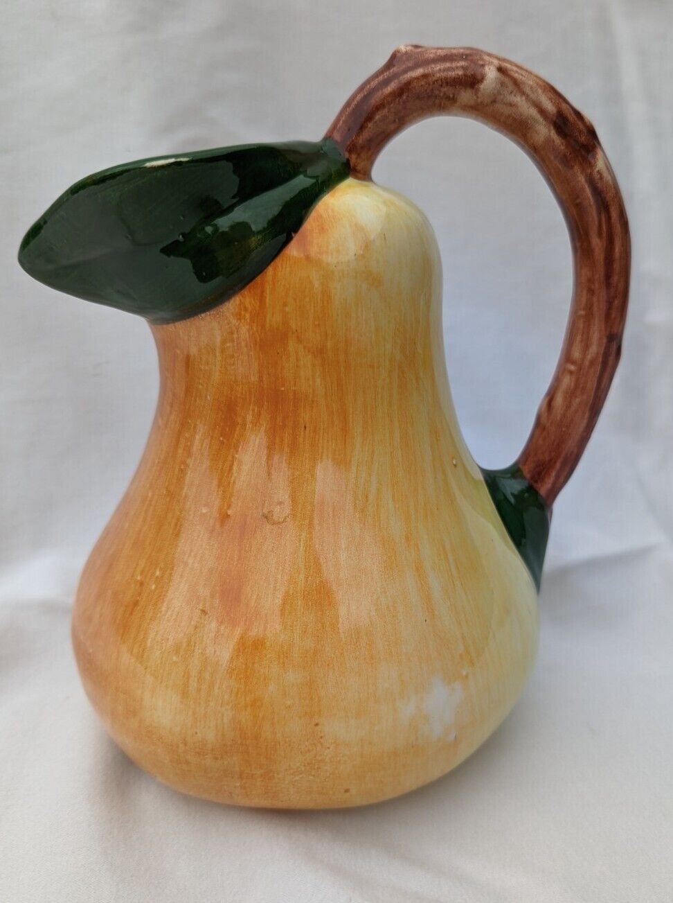 Bassano Pottery Vintage Pitcher Italian Pear Shape Leaf Stem 6.75\