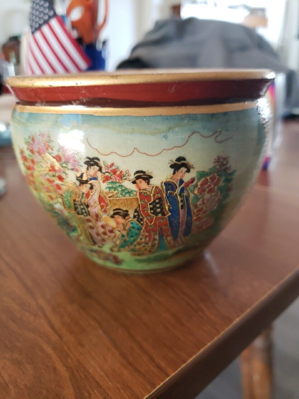 Vintage Satsuma Japanese Jardiniere Geisha Fishbowl Planter Pot Bowl Gold Trim