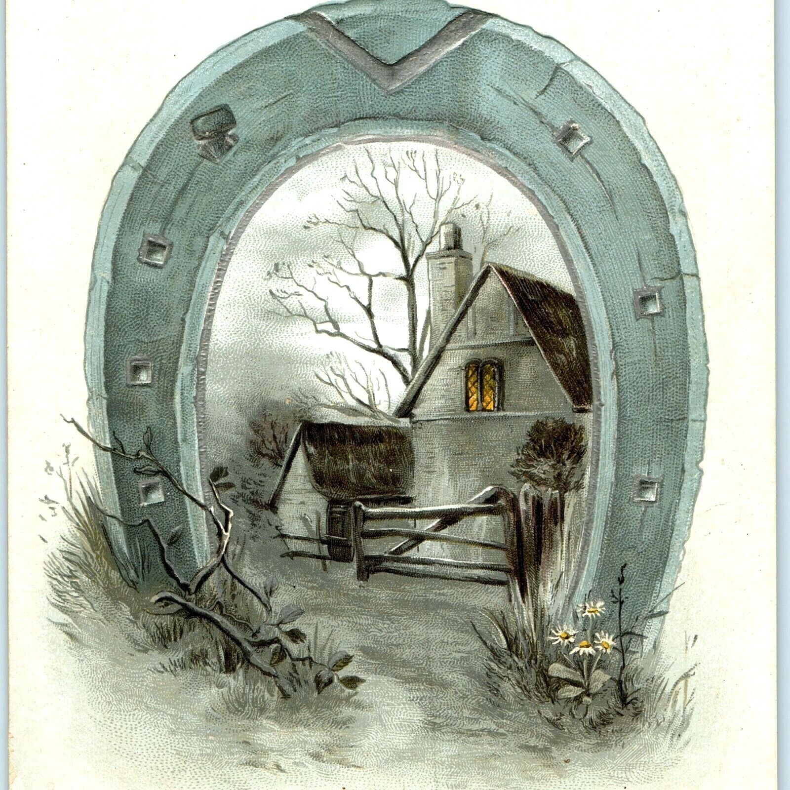 c1890s Embossed Horseshoe Stock Trade Card Fall Winter House Litho Cottage 2A