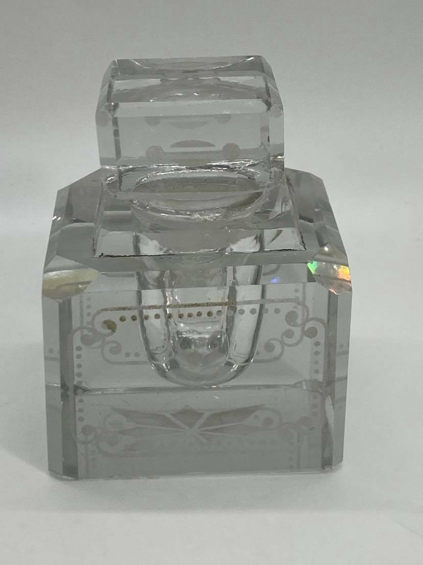 Vintage Clear Crystal Inkwell w/Etched Design - Note From Previous Owner Incl C3