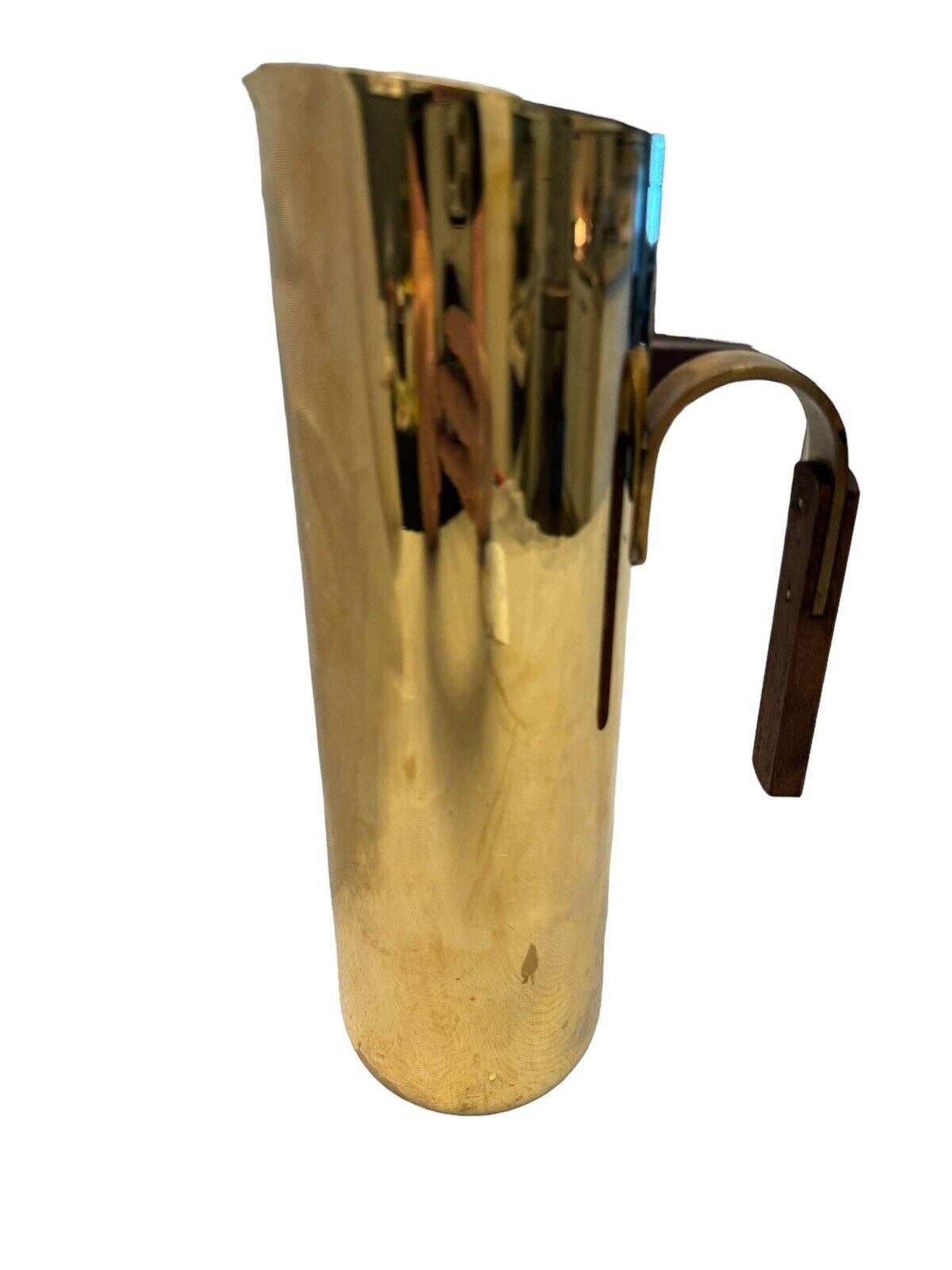 Vintage Modernist Italian Brass Wood Handle Water Pitcher 10” x 3”