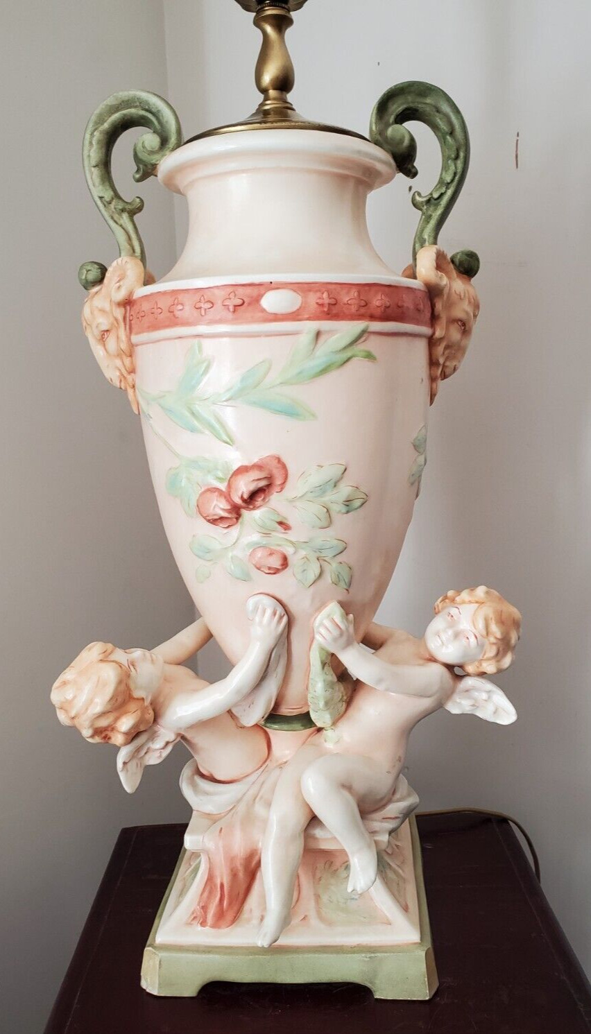 Antique Porcelain Table Lamp Cherubs Holding Urn Peach Colors