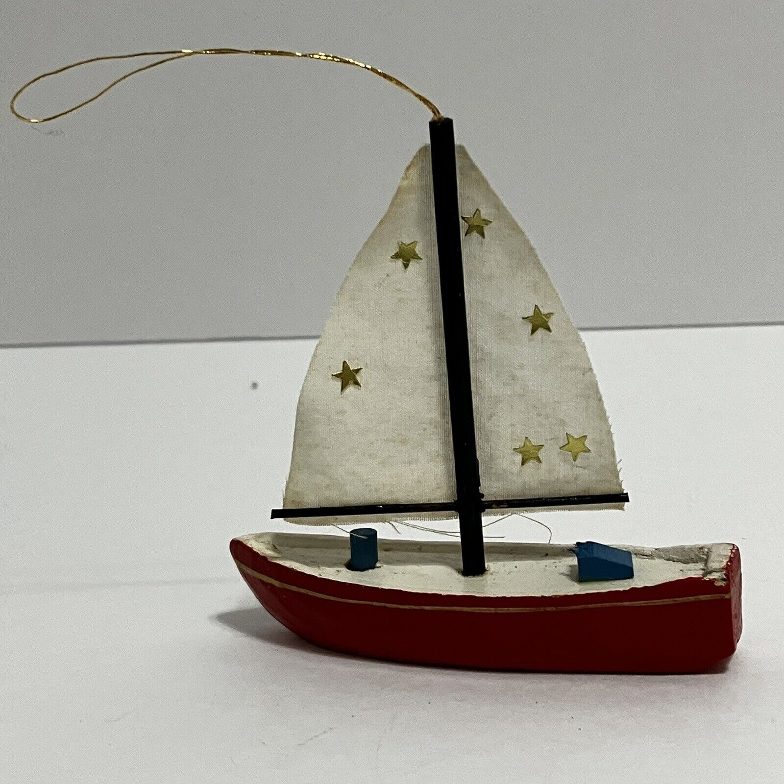 Wooden Sailboat Ornament Vintage Christmas Tree Decoration Red White Cloth Sail