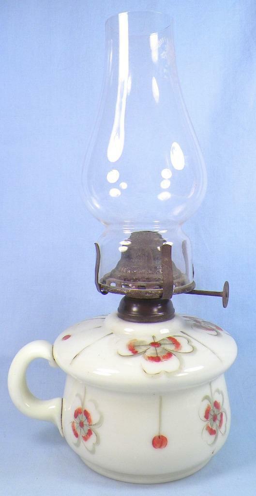 Antique Kerosene Oil Lamp Opaline Glass 4 Leaf Clovers Hand Paint Finger Scarce