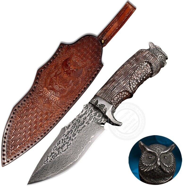 Vg10 Hunting Knife Fixed Blade Damascus Steel Handcrafted Steel Owl Head Ebony