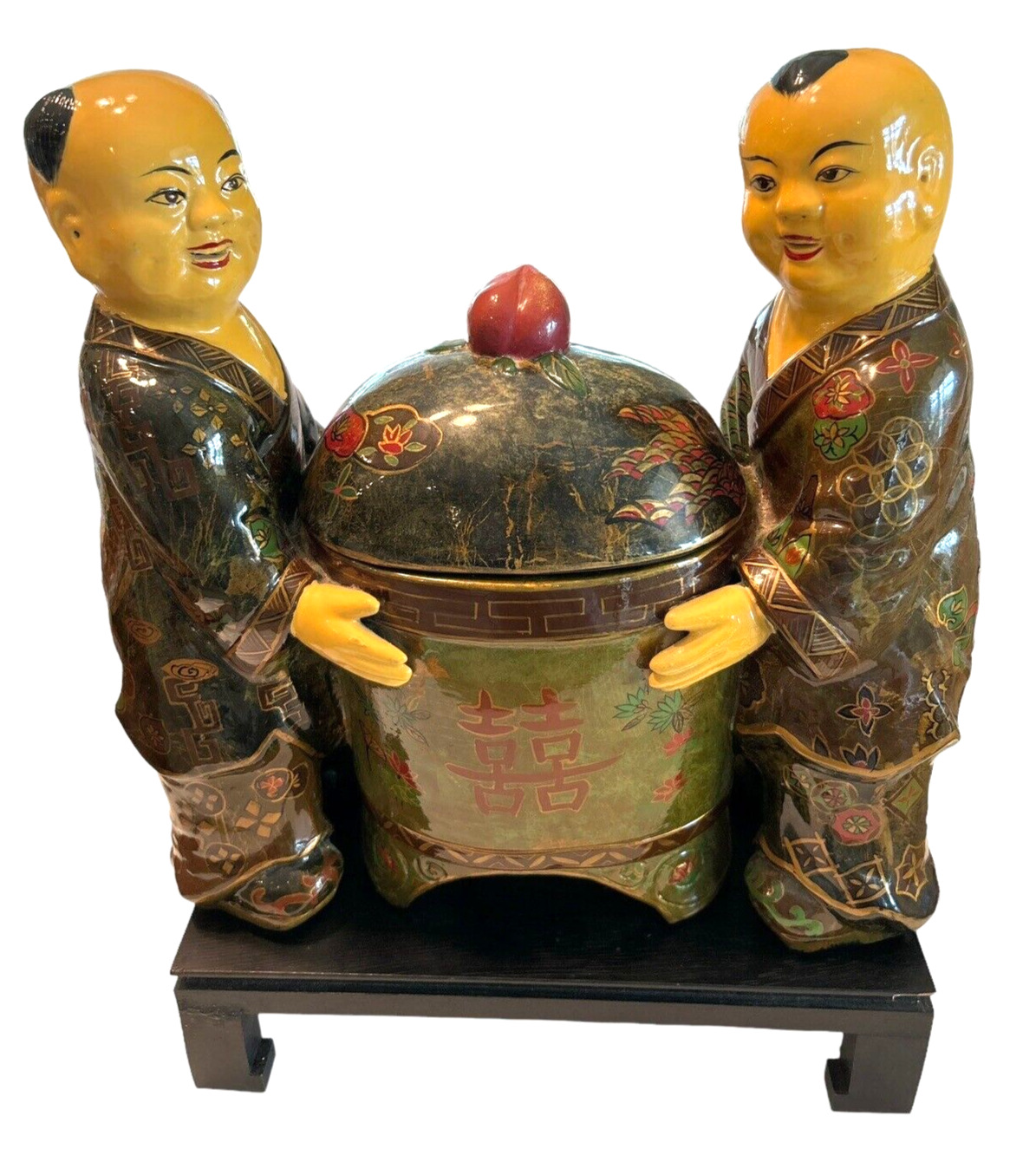 Decorative Asian Chinese Two Men Figure Statue Holding Lidded Jar Wooden Stand