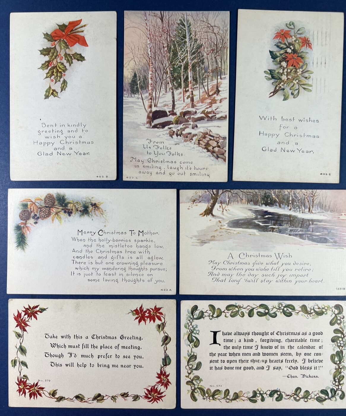 7 Same Publisher Christmas Antique Postcards. Scenes, Nice Messages. Flowers
