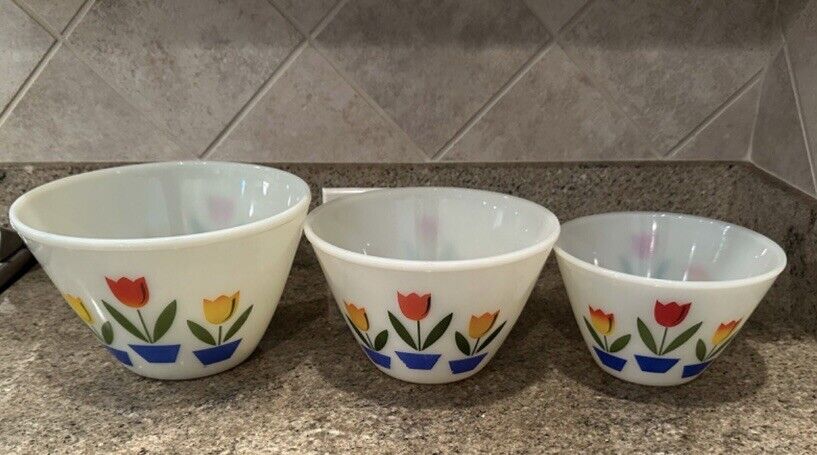 Vintage Fire King Tulip Print 3 Piece Milk Glass Nesting Mixing Bowl Set
