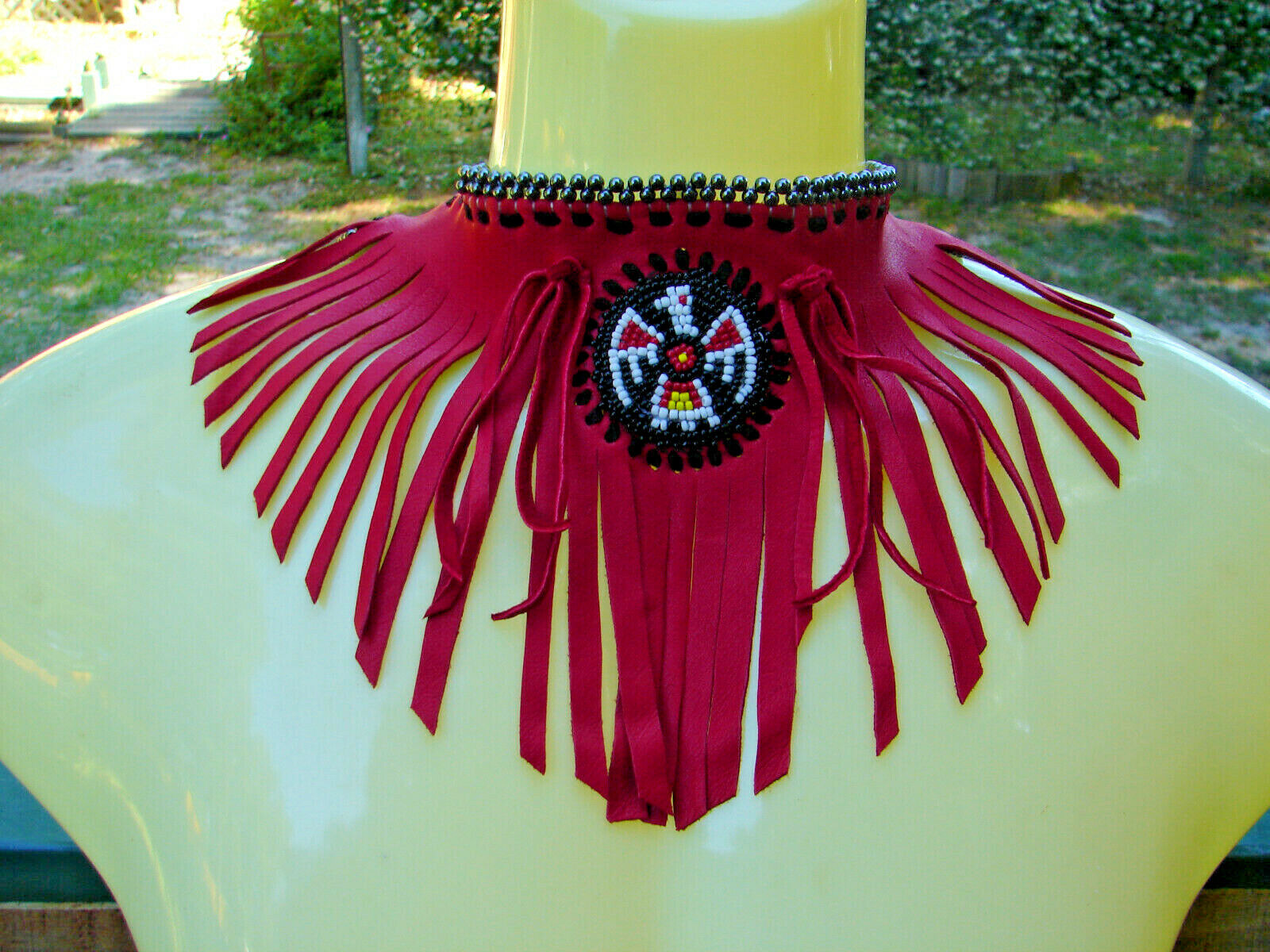 Fringed Deerskin Leather Beaded Choker, Thunderbird, Native, Tribal Necklace