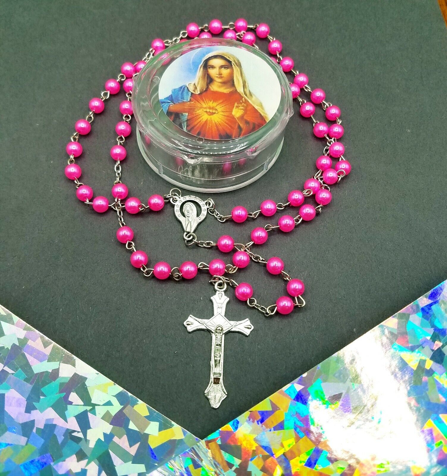 Catholic Rosary Hot  Pink Faux Pearl Beads 4mm .