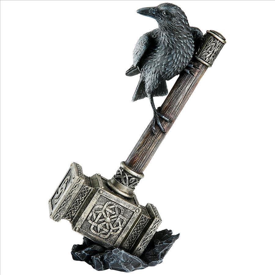 Norse God of Thunder's Hammer Mjolnir with Raven Perched Spirit Guide Statue