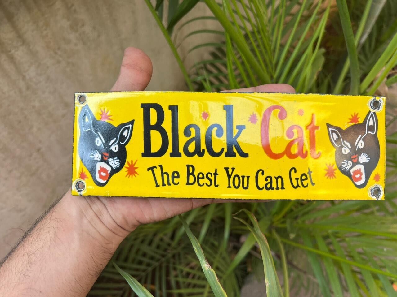 RARE PORCELAIN BLACK CAT  ENAMEL SIGN 9X3 INCHES