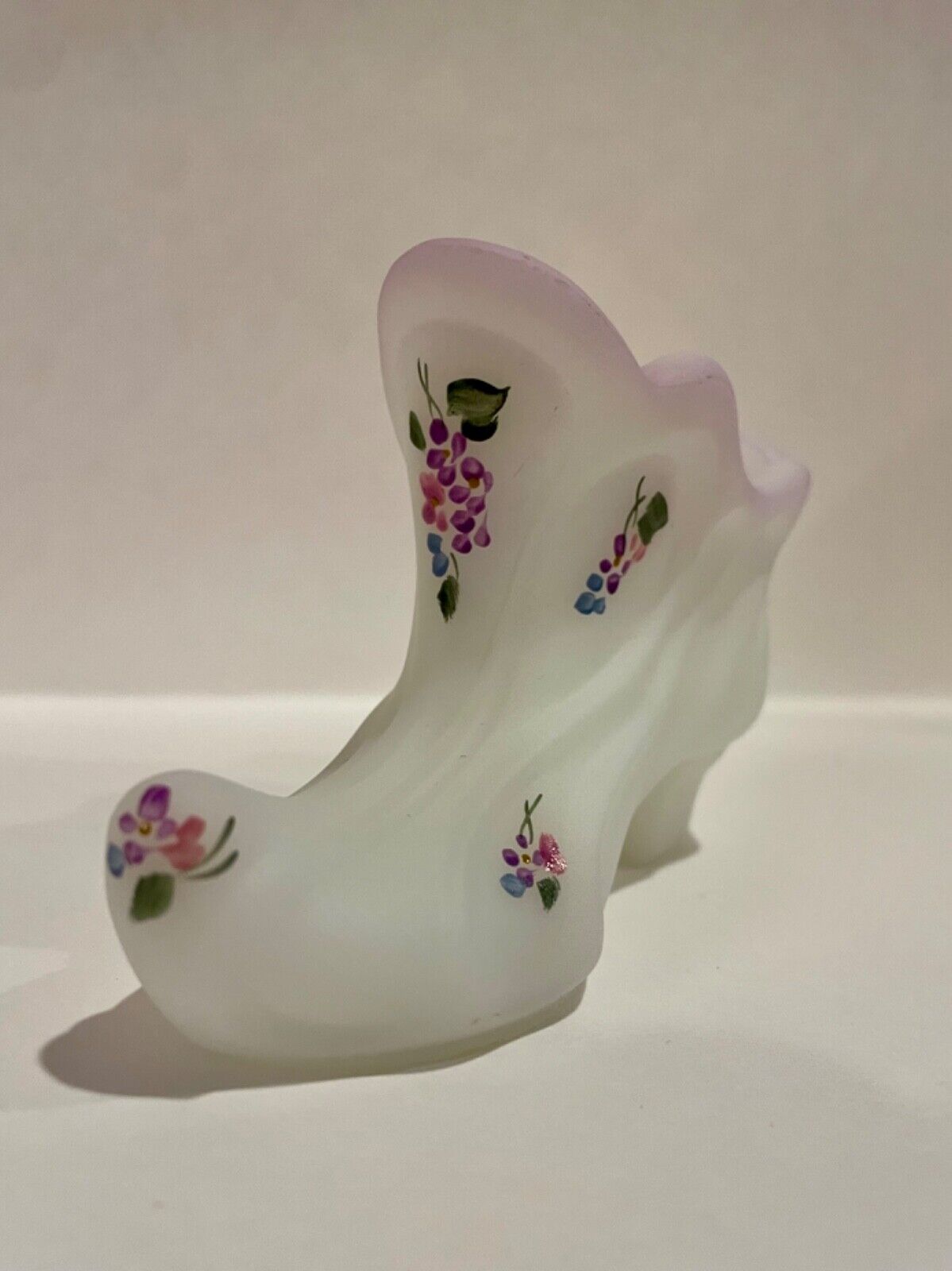 Fenton classic Frosted Milk Glass Victorian Slipper, Hand Painted, signed