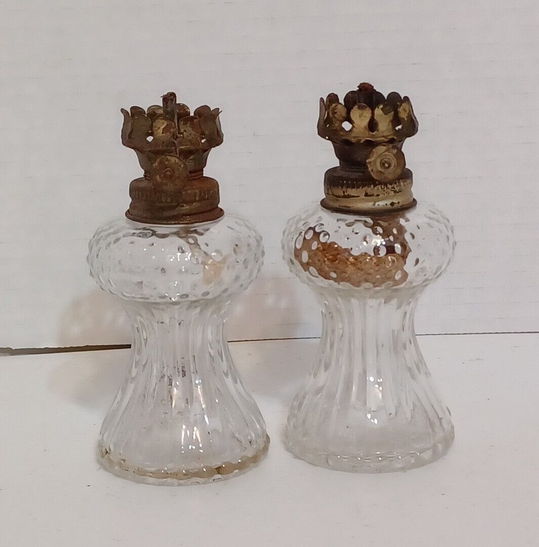 Two Antique Hobnail Round Clear Pattern Glass Oil Kerosene Lamp Coronet Burner