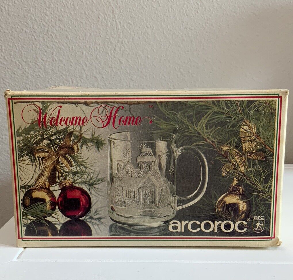 Vtg ARCOROC FRANCE Winter Christmas Mugs Cups Welcome Home Tempered Glass Set 4