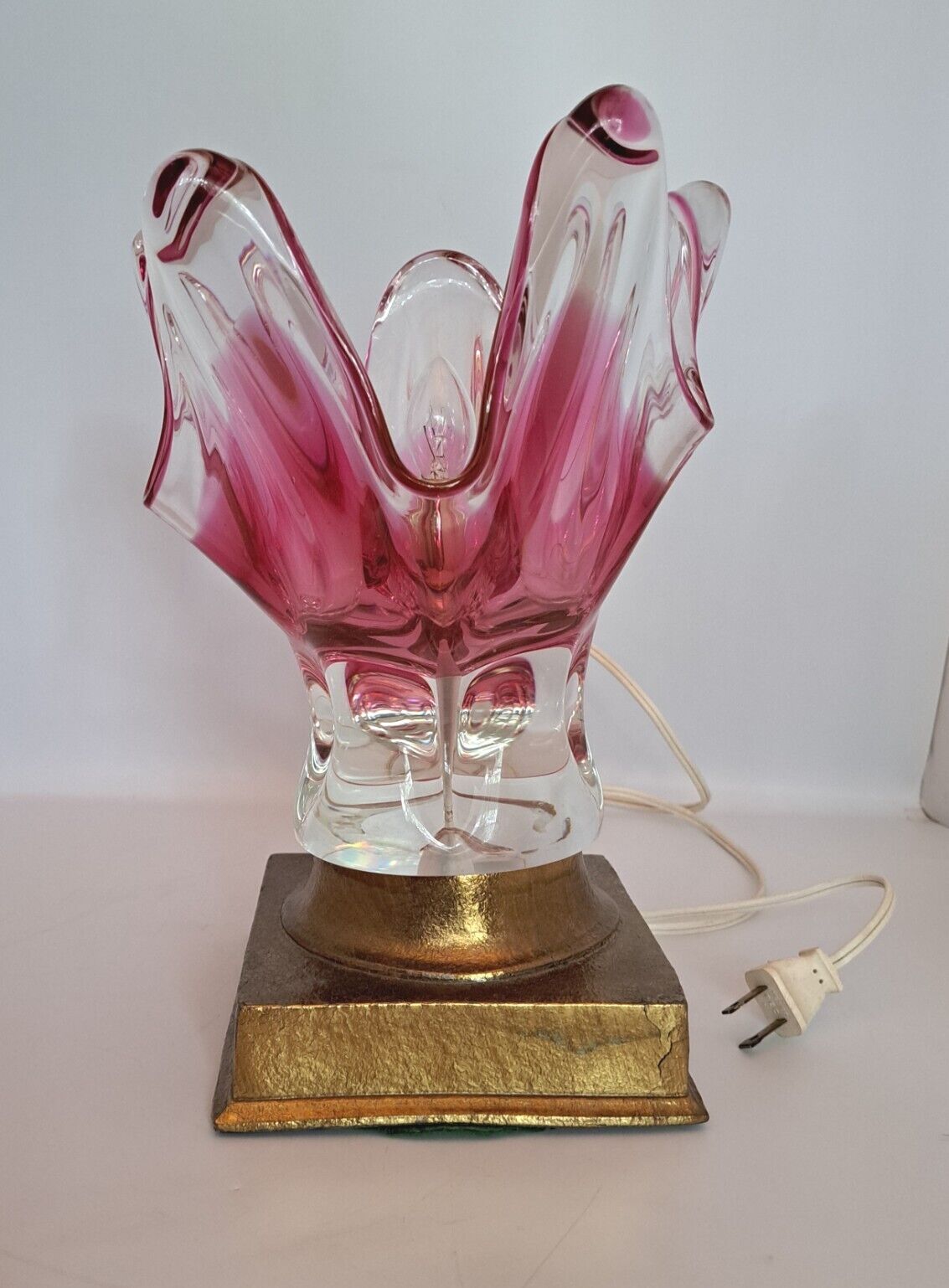 Vtg Czech Chrisbska Glass Vase Lamp Cranberry Pink Crystal MCM Josef Hospodka