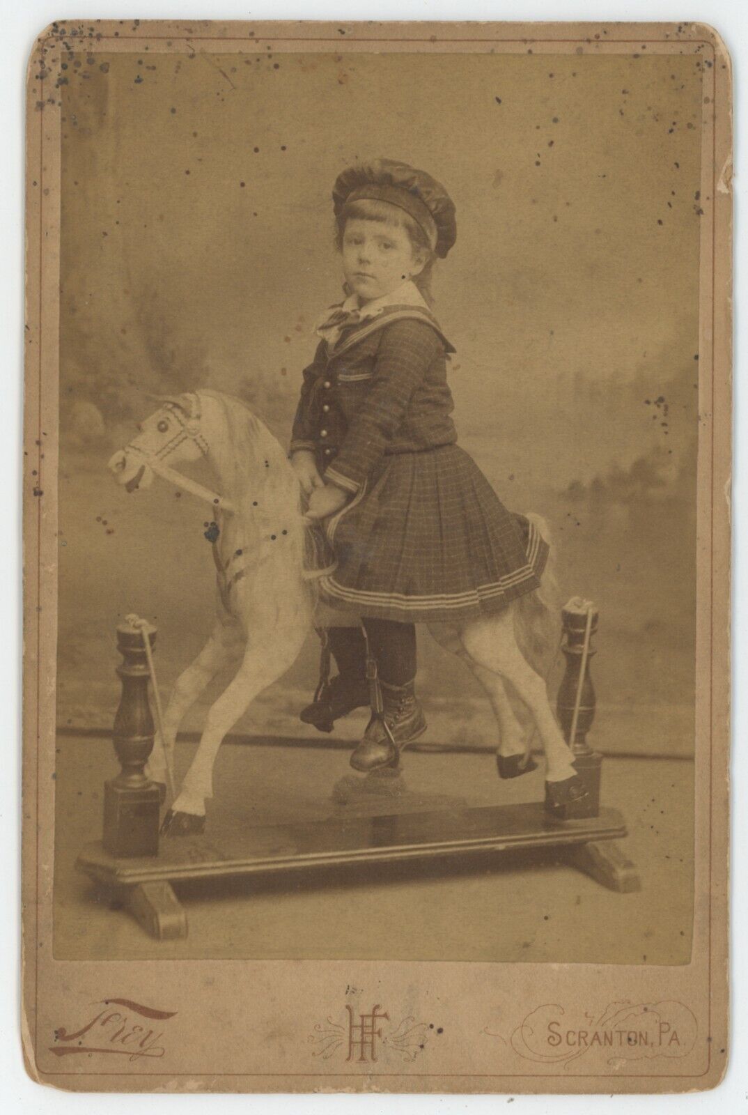 Antique c1880s Rare ID'd Cabinet Card Adorable Child on Toy Horse Scranton, PA