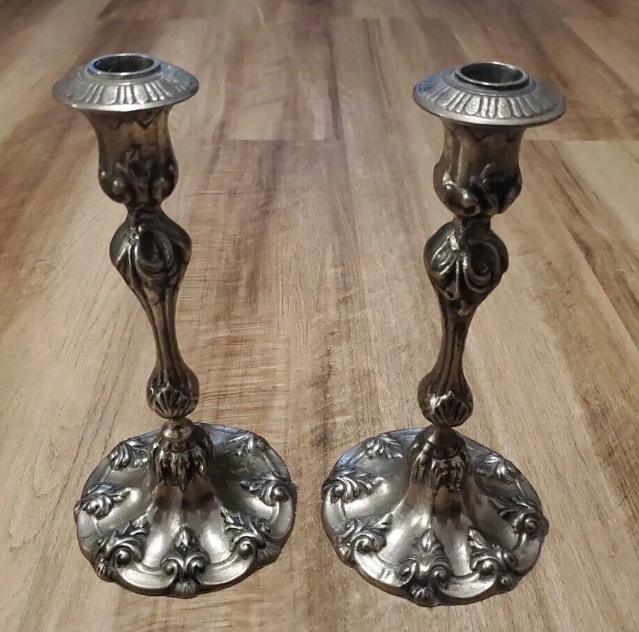 Vintage Pair of Metal Candlestick Holders Heavy Silver Color Ornate Detailed