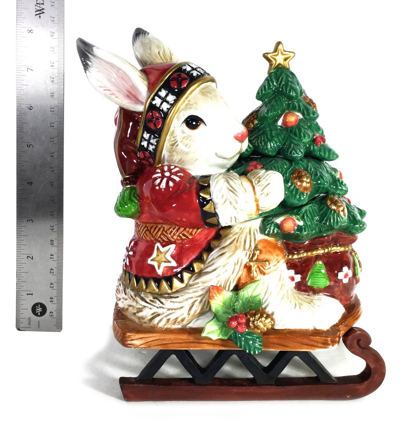 Fitz & Floyd Christmas Lodge Rabbit on Sled w Christmas Tree Lidded Candy Jar