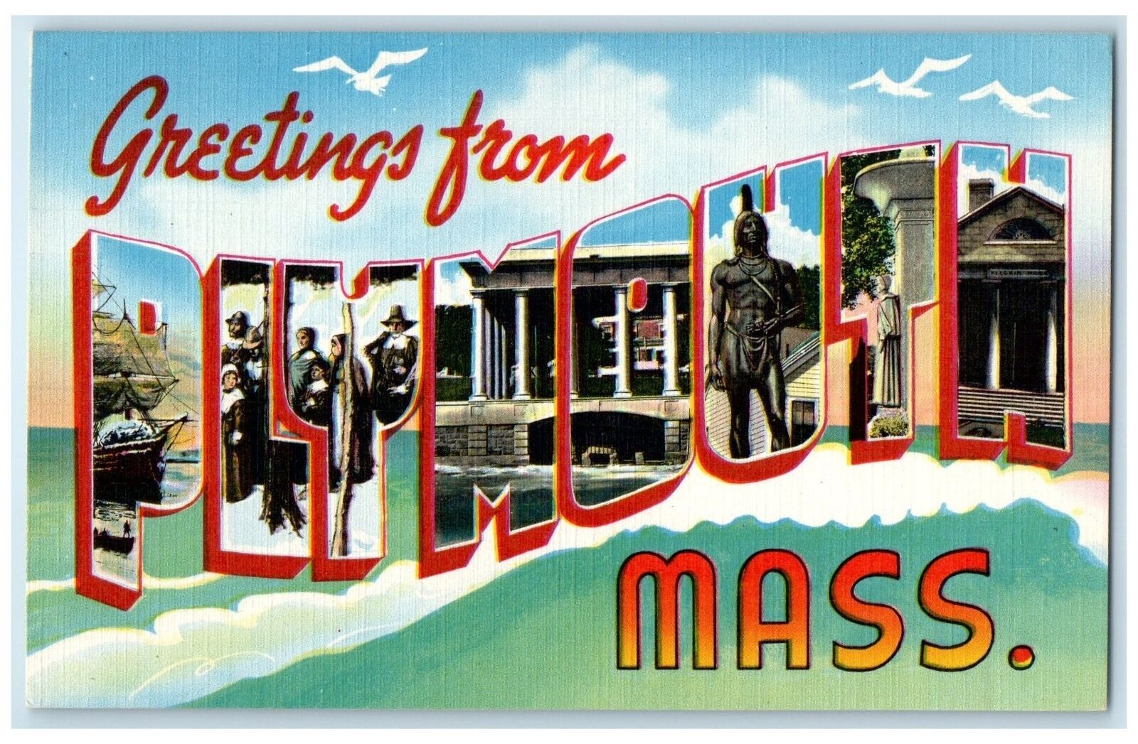 c1940\'s Large Letter Greetings From Plymouth Massachusetts MA Unposted Postcard