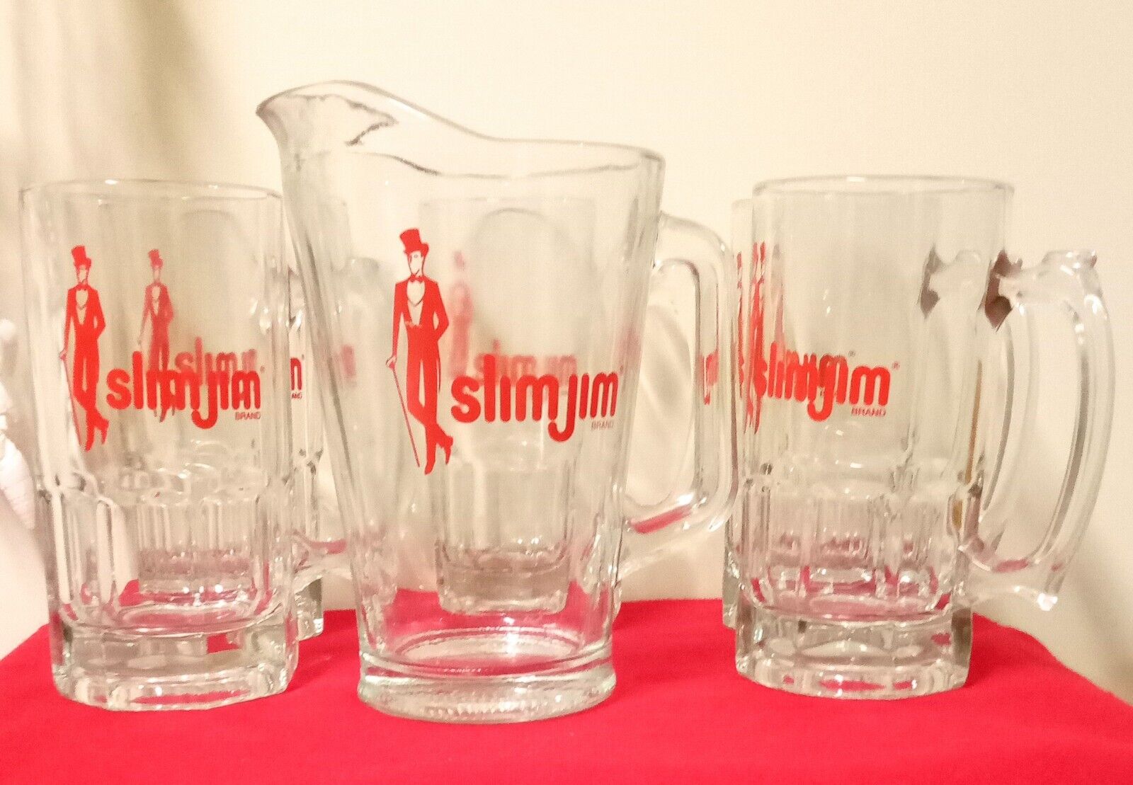 Slim Jim Vintage Set of Five 32 oz Beer Mugs and Pitcher Barware