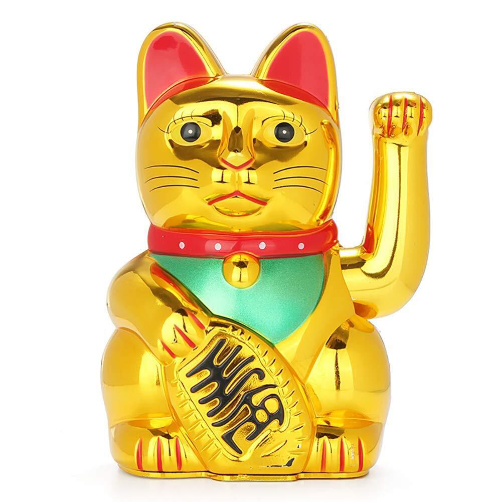 Maneki Neko Lucky Fortune Cat Japanese Lucky Cat with Waving Arm Gold Battery...