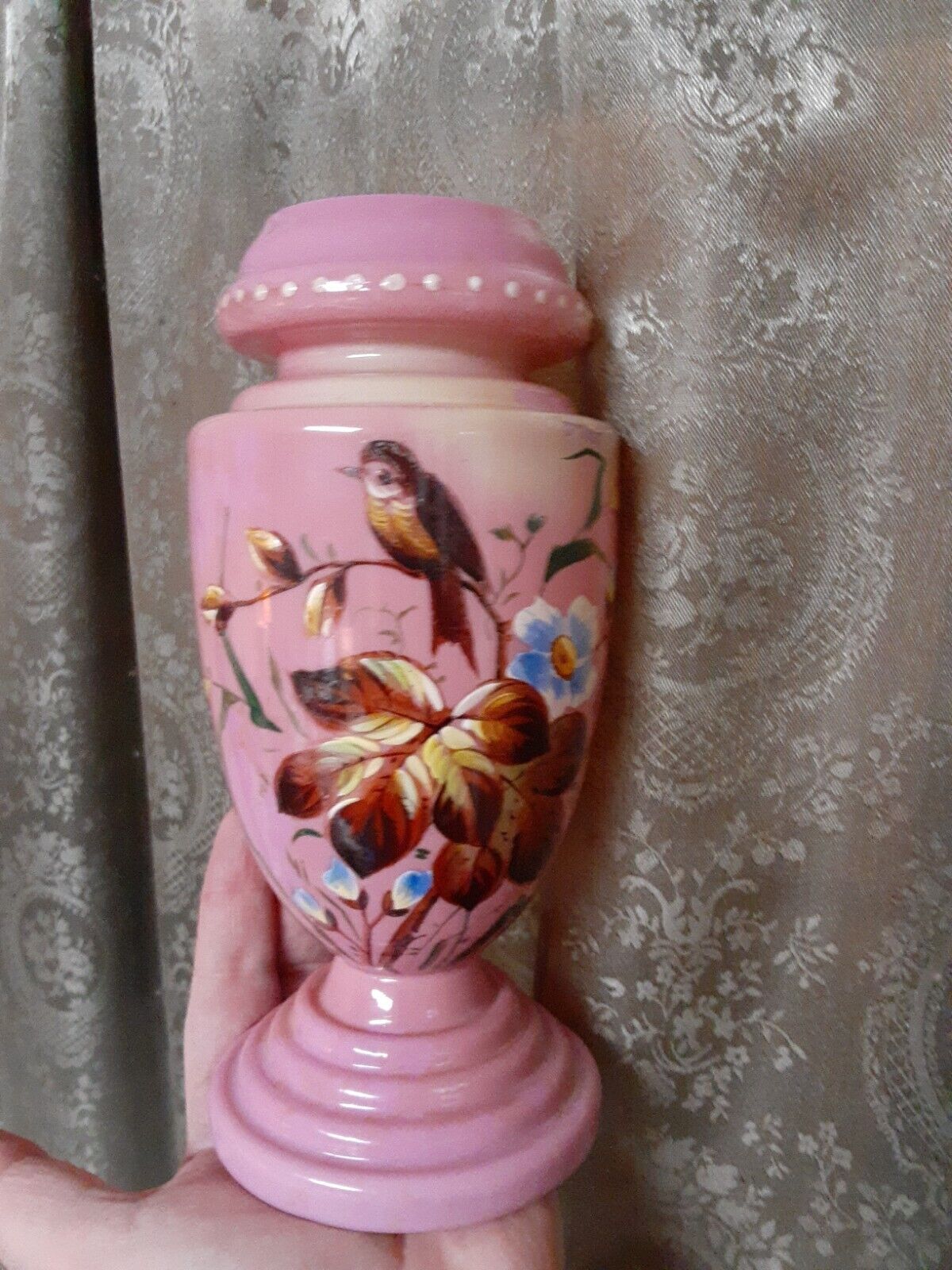 Vintage or Antique Handpainted Art Glass Vase Bird and Flower Decor Bristol ?