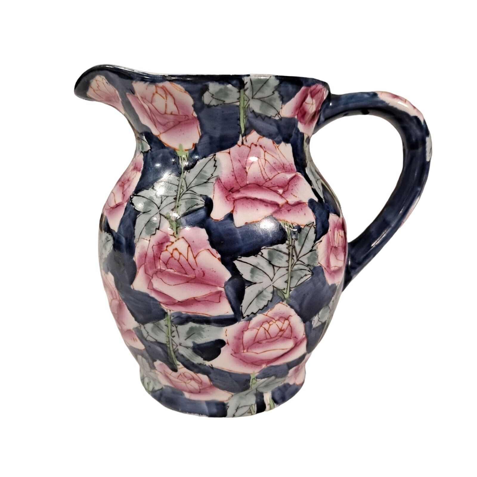 Cabbage Rose Porcelain Pitcher Hand Painted Cobalt Blue And Pink
