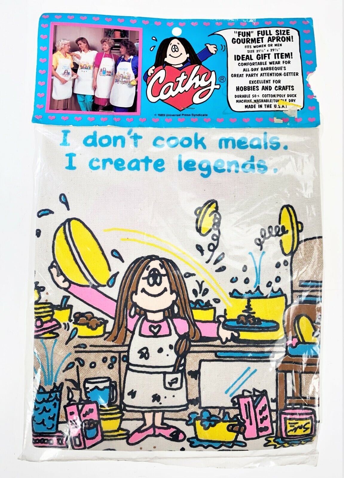 Cathy Comic Bib Apron I Don’t Cook Meals I Create Legends Vtg 1989 