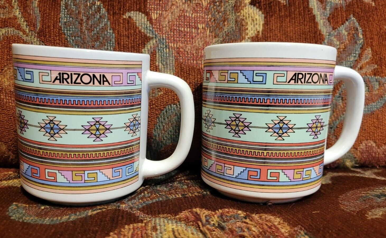 2 Vtg Arizona South Western Navajo Print Cups Mugs Pastels 