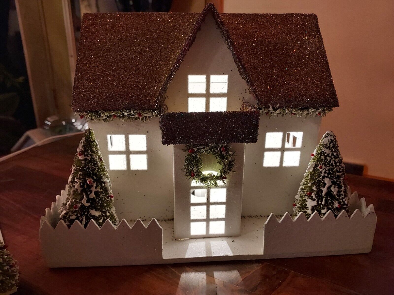 POTTERY BARN Vintage Wood Lighted Glitter Christmas Holiday Houses, German Glass