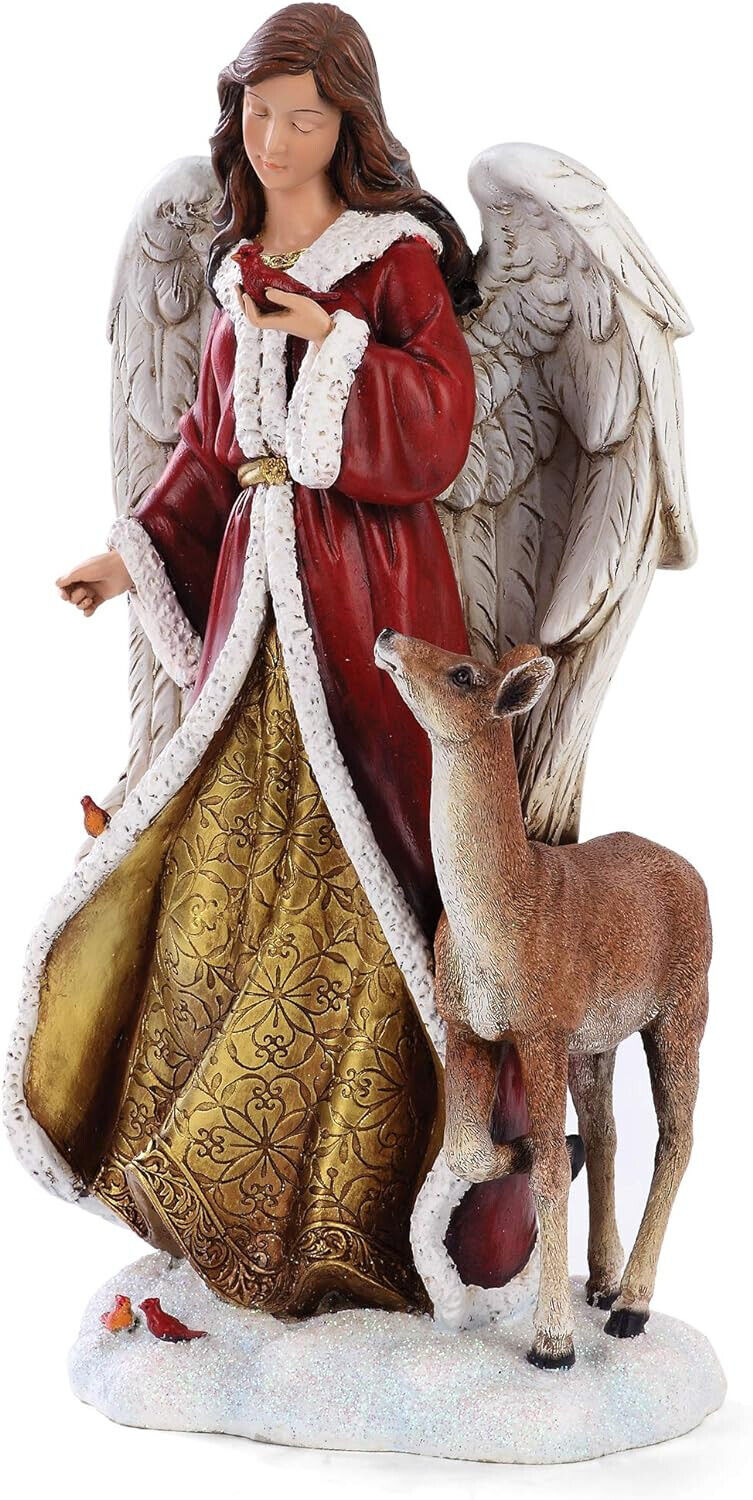 Freestanding Dazzling Red & Goldtone Angel with Deer, Festive Winter Figurine